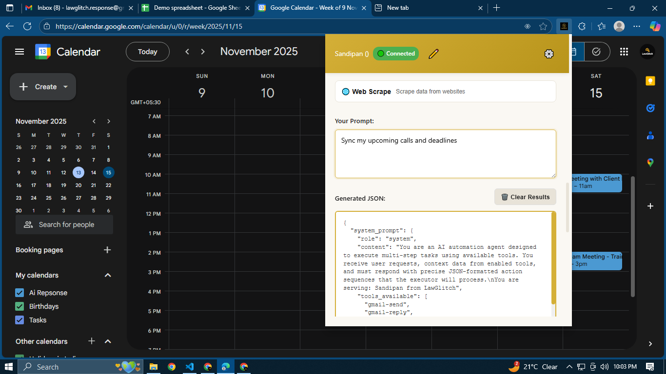 Google Calendar showing automatically synced meetings and deadlines with proper formatting