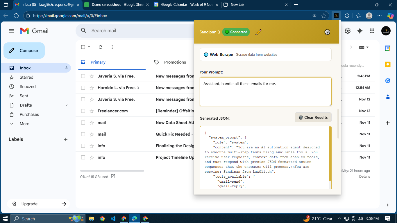Gmail inbox showing AI-generated smart replies and categorized emails