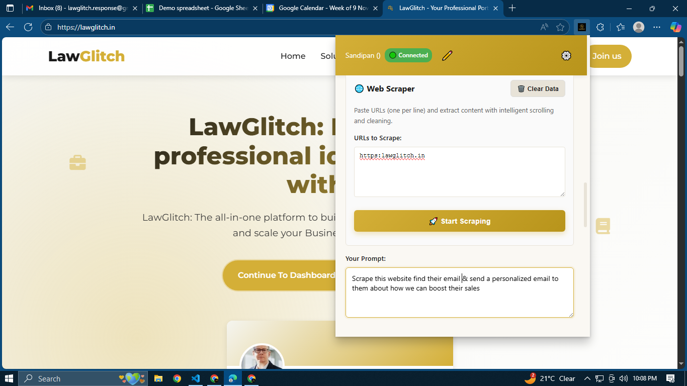 Website scraping workflow showing extracted lead data and personalized message draft