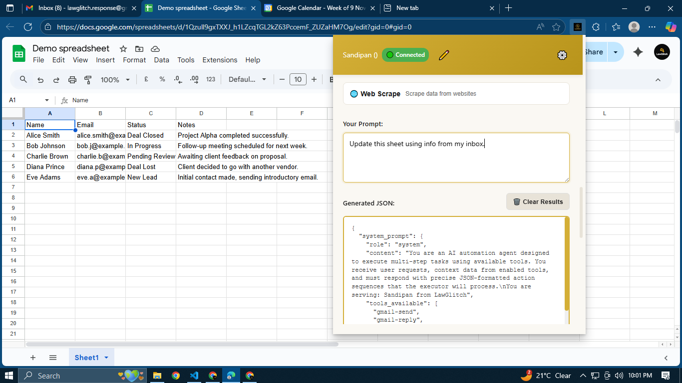 Google Sheet showing automatically populated client data and project tracking